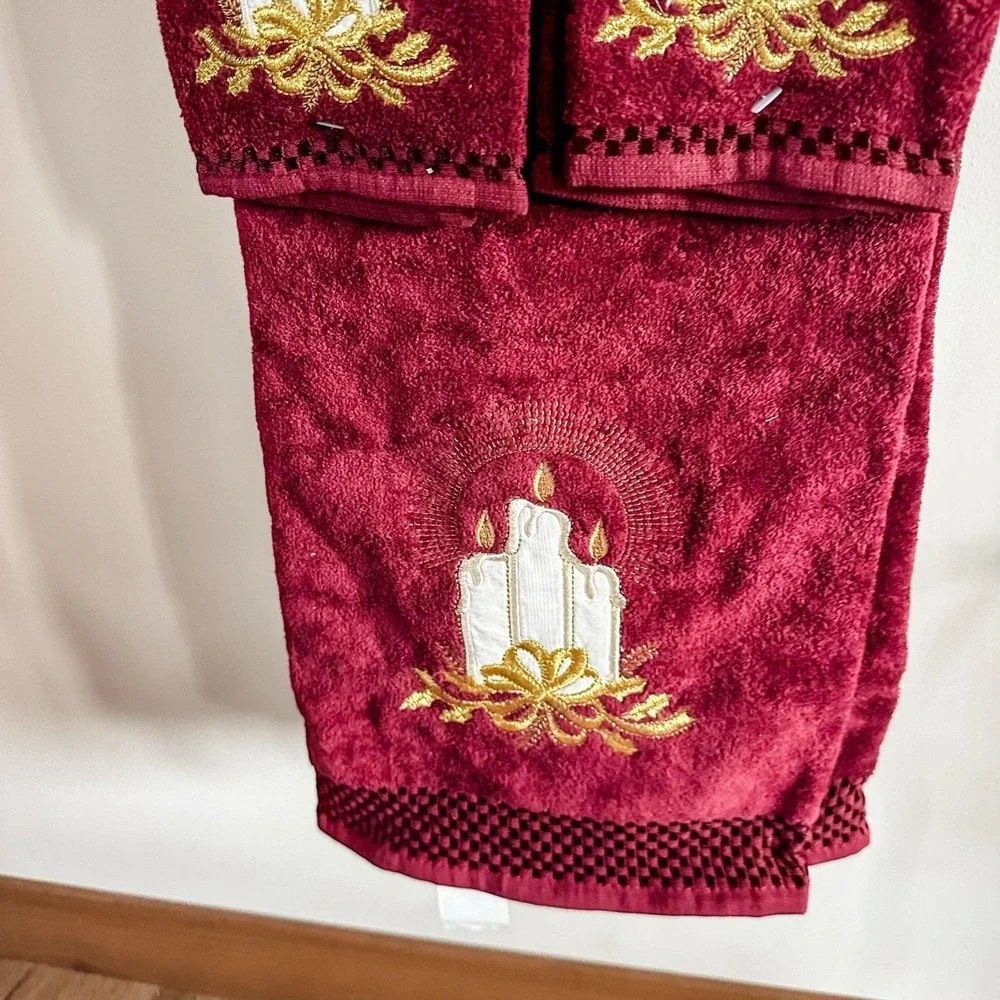 VTG New 90's Christmas‎ Decorative Towel Set Of 3 Burgundy Candles Kmart NOS